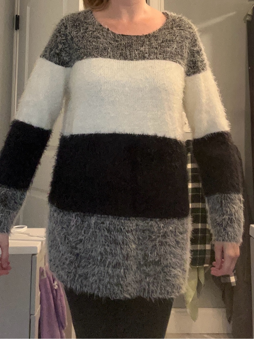 VENUS Fuzzy Striped Crewneck Sweater in Black, White & Gray